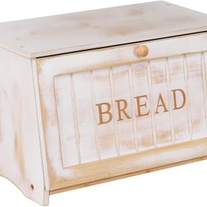 HOMEKOKO Vintage Large Wood Bread Box for Kitchen Counter, Retro Design Single Layer Bamboo Large Capacity Food Storage Bin (White)