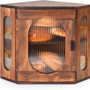 Sunhoo Bread Box for Kitchen Countertop Corner Bread Storage Wooden Breadbox Container 2 Layer Bread Holder Keeper Large Farmhouse Bread Bin Shelf for Homemade Pantry Vintage Acrylic Window(Brown)