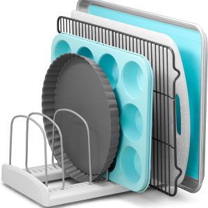 YouCopia StoreMore Adjustable Bakeware Rack, Cookie Sheet Baking Pan and Tray Organizer for Kitchen Cabinet and Pantry Storage, Standard, White